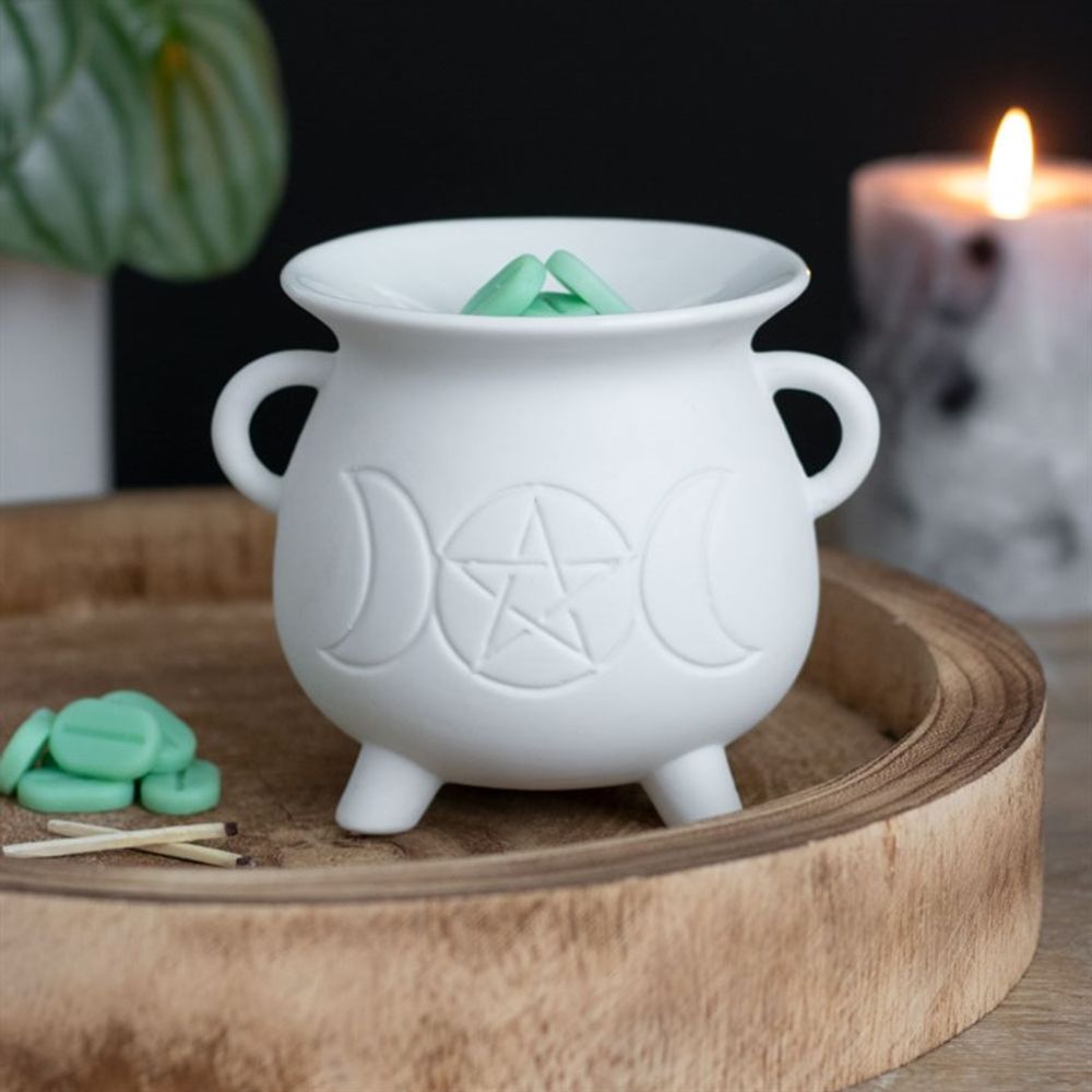 White Triple Moon Cauldron Oil Burner - Spooky Dooky